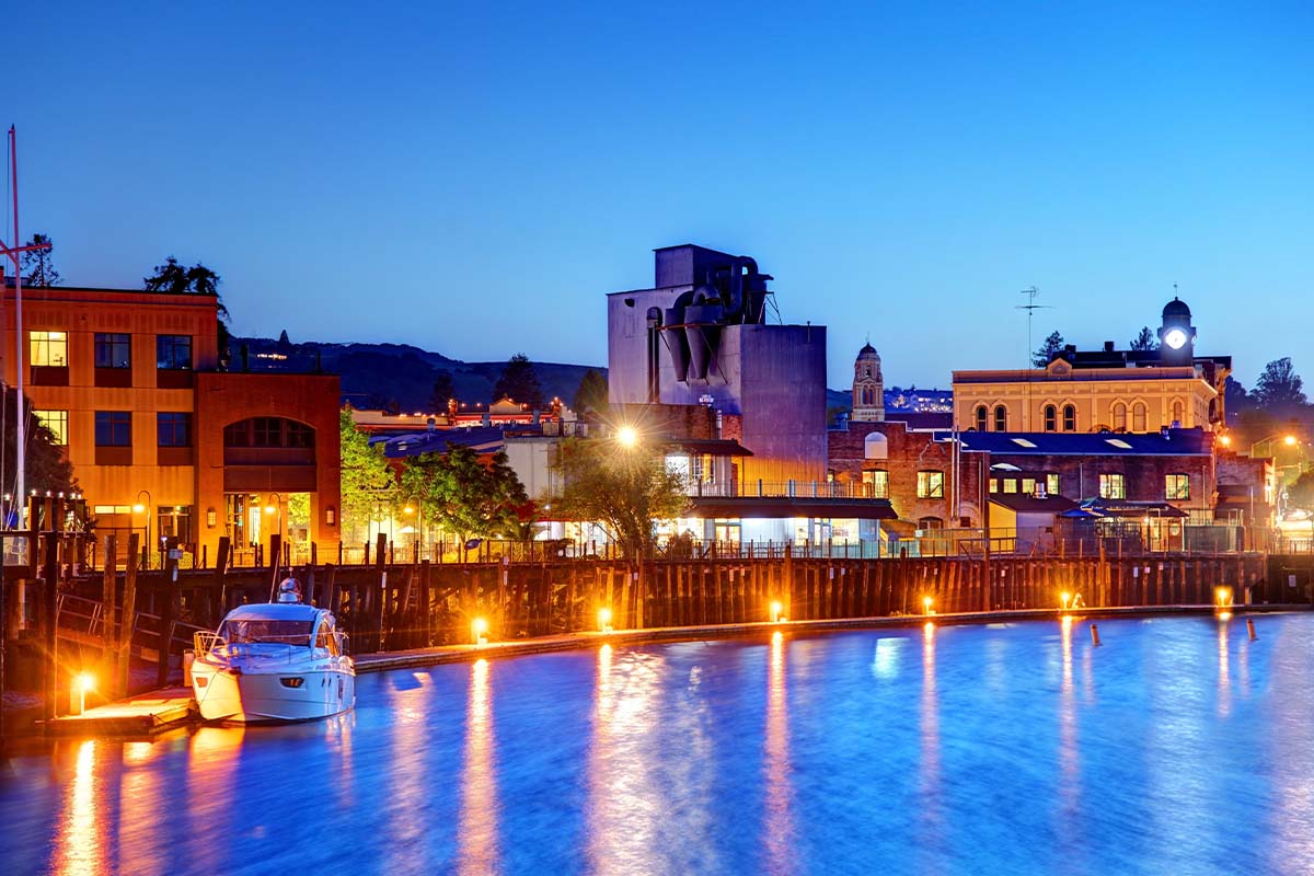 Petaluma riverfront and downtown at dusk