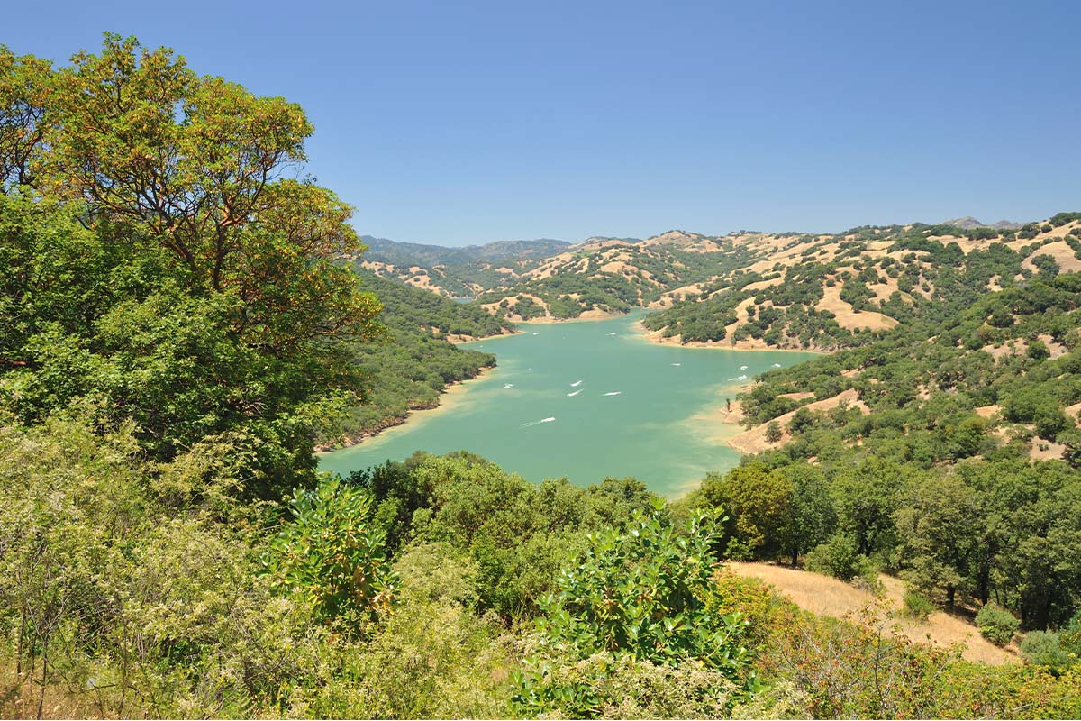Lake and oak-covered hills in Sonoma County